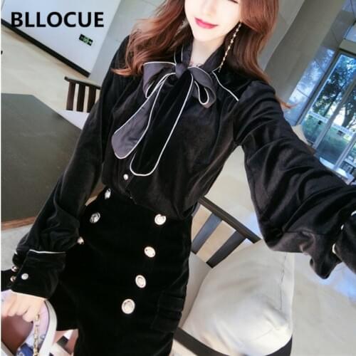 BLLOCUE High Quality 2019 Autumn Designer Runway 2 Piece Set Women Retro Bow Lace-up Shirt Top+Double-Breasted Shorts Suits