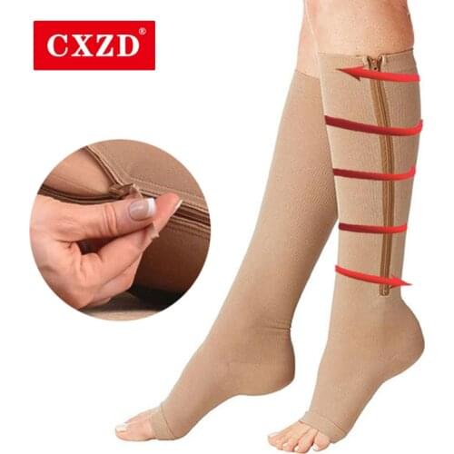 CXZD New Compression Socks Men Women Support Knee Zipper Socks Thigh-High Solid Color Varicose Vein Leg Relief Long Socks