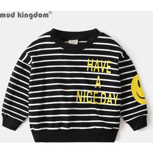 Mudkingdom Kids Stripe Sweatshirts Letter Smiley Long Sleeve Pullover Casual Tops Boys Crew Neck Loose Clothes for Spring Autumn