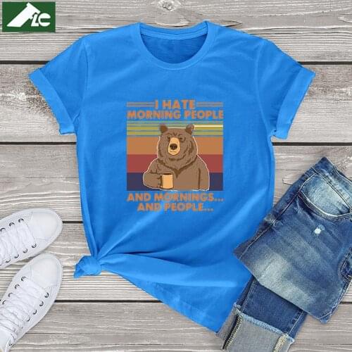 Camping Bear 100 cotton t shirt womens clothing I Hate Morning People graphic bear t shirt men cute tees fashion ladies tops 3xl