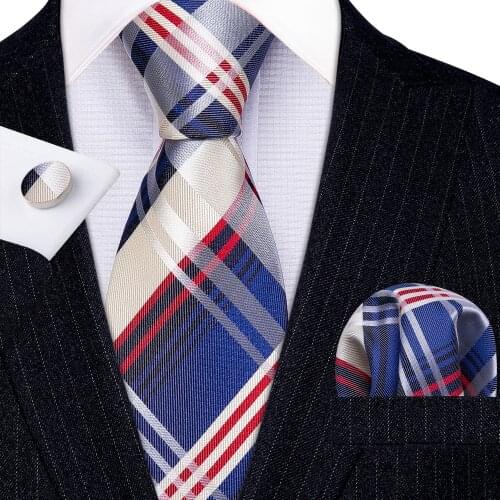 Fashion Blue Khaki Plaid 100% Silk Tie Gifts For Men Gifts Suit Wedding Tie Barry.Wang NeckTies Hanky Sets Business LN-5344