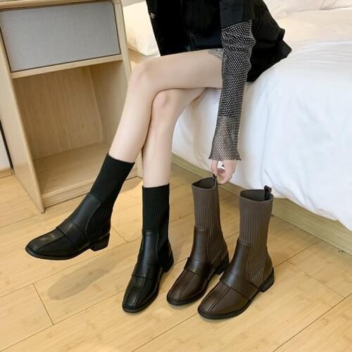 GOOHOJIO 2020 Round Toe Ankle Sock Boots Women Autumn All-match Womens Pant Fashionable Square Heel Ladies Flat Boot Size 35-40