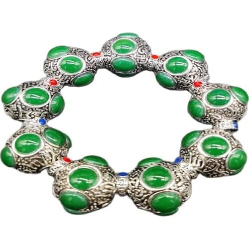China Old Tibetan Silver Inlaid Green Colour Jade Bead Hand String Bracelet