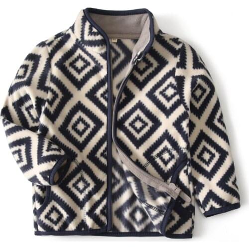 Baby Polar Fleece Zipper Jacket Navy Blue Diamond Pattern 2020 Spring and Autumn Thin Long Sleeve Stand Collar Boys Top Coats