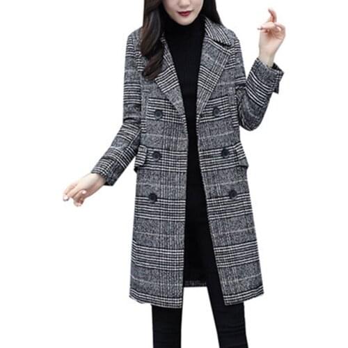 Fashion Warm 2020 New Winter Slim Houndstooth Loose Woolen Jacket Womens Mid-length Hepburn Coat Pockets Turn-down Collar