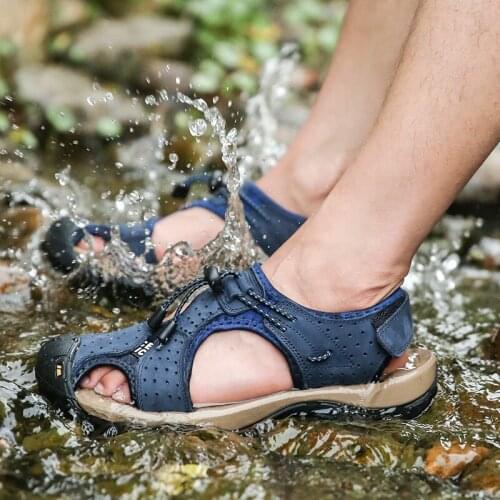 New Summer Mens Sandals Genuine Leather Sandals Outdoor Hiking Sandals Comfortable Beach Shoes Blue Brown Men Sandals