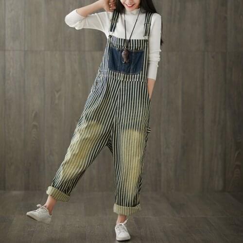 New strip plus size loose jumpsuit Korean denim patchwork overalls casual cotton vintage personality washed fashion tide rompers