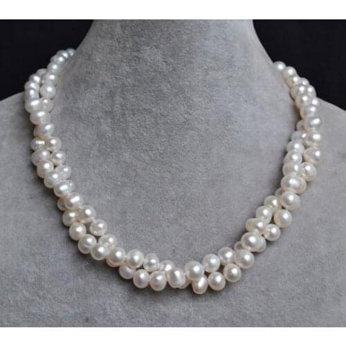 White Pearl Necklace,16 inches 8-9mm 2 Rows Freshwater Pearl Necklace,Choker Pearl Jewellery,Wedding Pearl Necklace