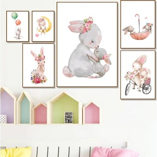 Baby Rabbit Canvas Painting Animal Print Pink Balloon Flower Poster Cartoon Bunny Posters Nursery Wall Art Pictures Baby Room