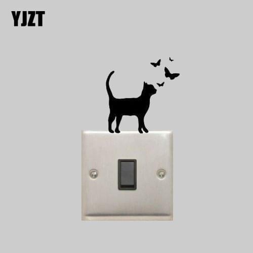 Happy Cat With Butterfly Switch Sticker Animal Vinyl Decal Decor Cartoon Nice Wall Bathroom 8SS-0395