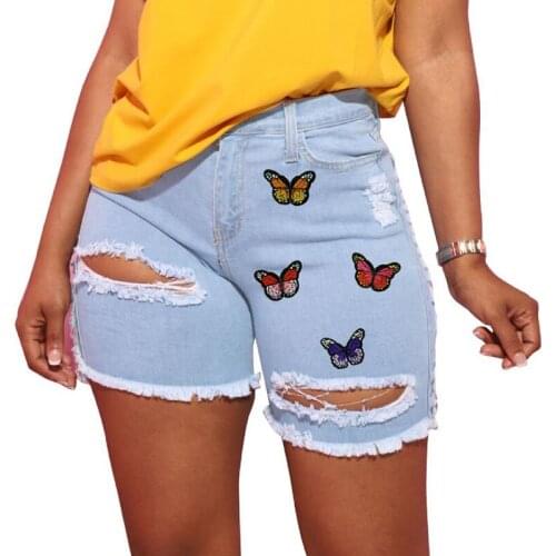Sexy Hollow Out Blue Ripped Jean Shorts Women Summer 2021 Fashion High Waist Tassel Butterfly Shorts Woman Plus Size Denim Short