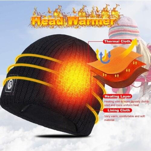 Men Women Winter Electric Heated Beanie Hat Rechargeable Battery Thermal Warm Plush Lining Outdoor Windproof Skull Cap