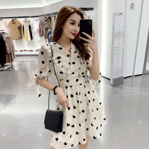 Chiffon Small Fresh Belt Bow High Waist Half Sleeve V-Neck Knee-Length A-Line Simple Beige Pink Holiday Cocktail Dresses 9834