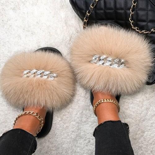 Fluffy Flip Flops Real Fox Fur Slippers Designer Diamond Chain Furry Fur Slides Plush Beach Slippers Women Flat Summer Sandals