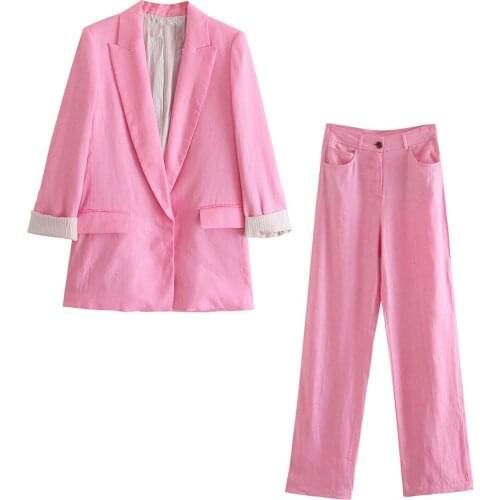 XIKOM 2021 Women Two-piece Set Vintage Pink Cotton linen Office Lady Blazer coat Female Fashion Slim High Waist Trousers Suits