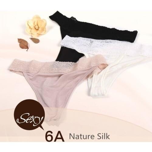 Women 100%Nature Silk Sexy Thong G-String Underwear Seamless Pants Lady Low-Waist Transparent Temptation Lace T Pants for Young