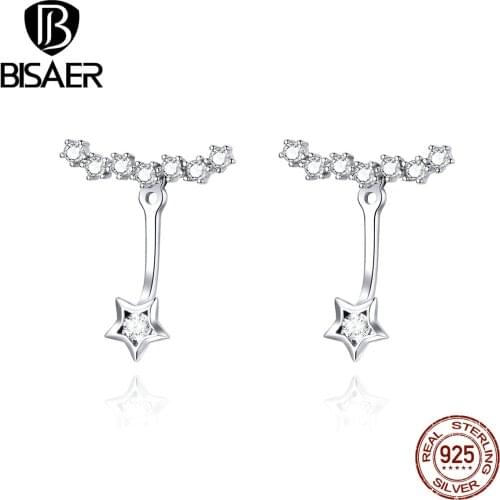 BISAER Fashion Earrings 925 Sterling Silver Luminous Star Stud Earrings for Women Clear Cubic Zircon Silver Jewelry EFE175
