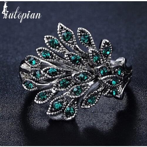 Iutopian Brand New Arrival 4 Colors Vintage Retro Phoenix Feathers Ring with Rhinestone Anti Allergy for Women 1#G2209green