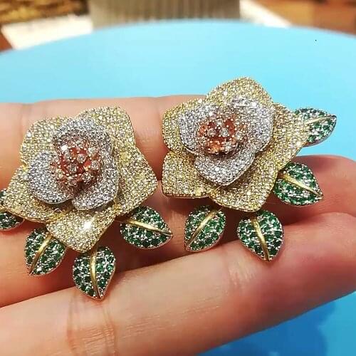 34*33mm Luxury Flower Earrings For Women Statement Cubic Zirconia Stud earrings fashion jewelry aretes de mujer modernos 2020
