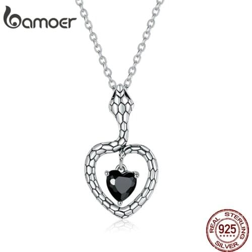 Bamoer 925 Sterling Silver Mysterious Creative Snake Necklace Heart Black Gem Pendant Necklace for Women Party Fine Jewelry