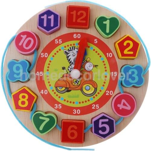 Wooden Digital Cartoon Lacing Beads Kids Learn Time Wall Clock Nursery Kids Toy Preschool Learning