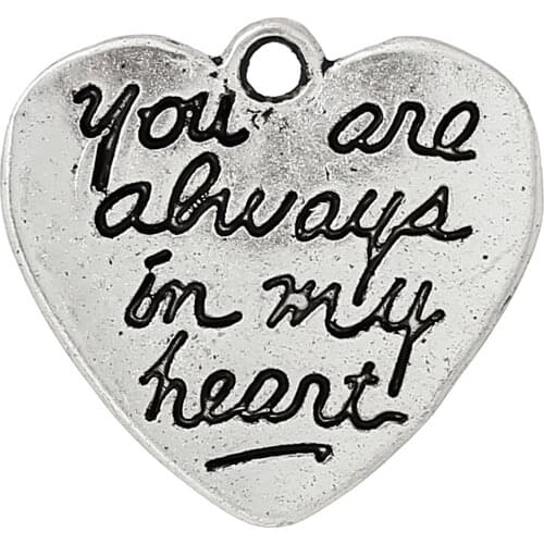 DoreenBeads Charm Pendants Heart silver color Message" you are always in my heart" Carved 21.0mm(7/8")x 20.0mm(6/8"),50 PCs
