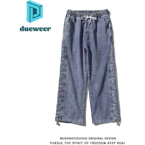 DUEWEER Mens Jeans Spring Autumn Cashew Flower Loose Casual Trousers Streetwear Men Tie Feet Loose Straight Pencil Denim Pants