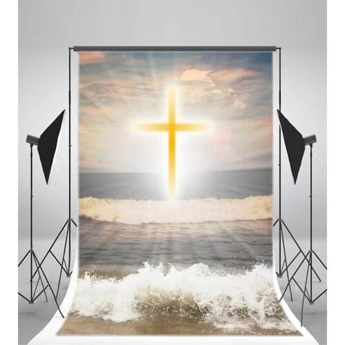 Photography Backdrop Golden Cross Beach Sea Wave Christianity Culture