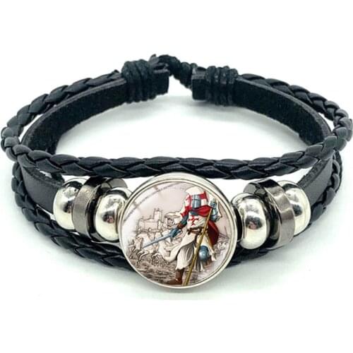 Hot Knights Templar Cross Bracelet Crusader Solomon Masonic Sign Glass Buckle Bracelet Medieval Signet Mens Wrist Jewelry