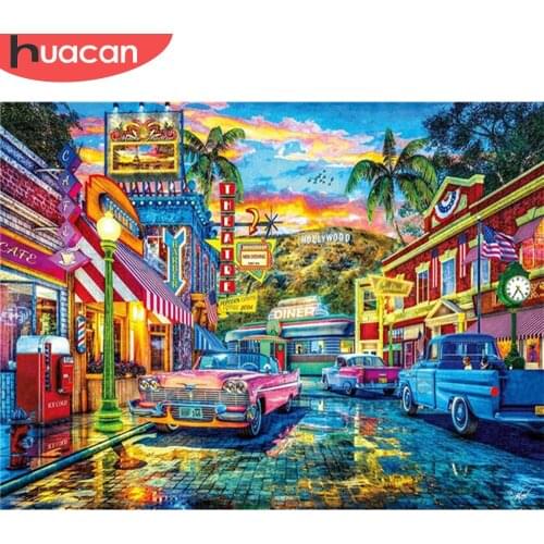 HUACAN Full Drill Square Diamond Painting City Night 5D DIY Diamond Embroidery Landscape Car Mosaic Street Decor For Home