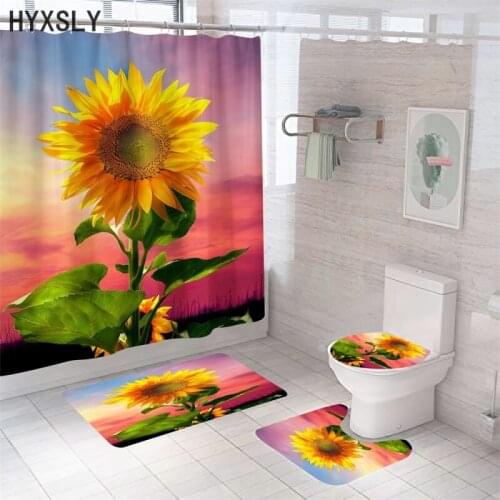Sunflower Bathroom Set 180x180cm Shower Curtain Bath Mat Waterproof Polyester Curtains Bathroom Toilet Seat Floor Mat Home Decor