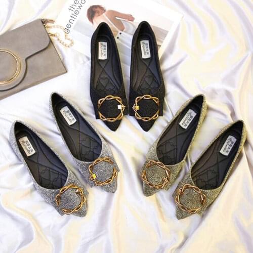 Plus Size 44 Ladies OL Office Flat Shoes Women Pointed Toe Slip On Loafers Women Metal Decoration Soft Lazy Shoes