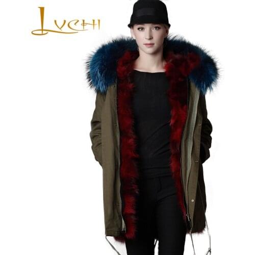 LVCHI Parker woman jacket Fox fur Natural fur Coats Wool Liner Medium winter Fashion Casual With Fox Fur Collar Coat