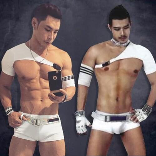 Mens Nightclub Show Ds Costume Sexy Male Clothes White Underwear Set Bar DJ Clothing Set Party Wear Performance Costume VDB666