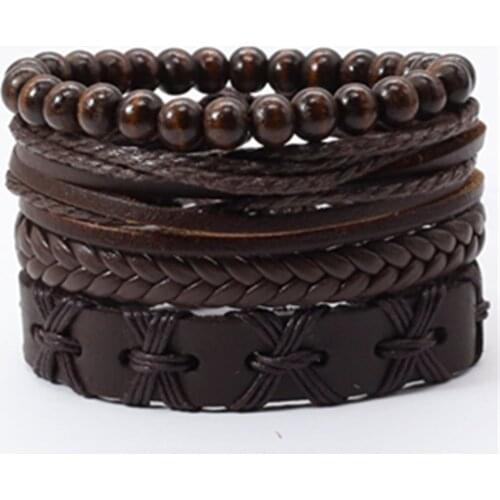 Handmade Brown Woven Wood Beaded Hip hop Jewelry Leather Men Bracelets Set Women Vintage Bangle Male Homme Jewelry Accessories