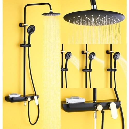 Vidric Vidric Black Gold Shower Faucets Set Rainfall Shower Head 3-Model Handshower With Swivel Tub Spout Gaint Shelf Mixer Tap
