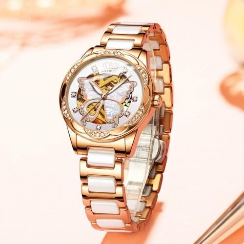New ladies mechanical watch automatic hollow stainless steel ceramic strap butterfly watch women