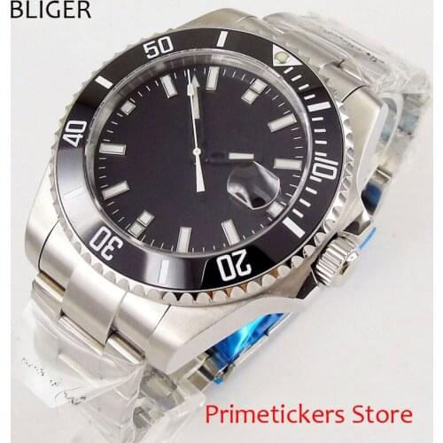 Luxury 43mm bliger no logo black dial luminous white marks black ceramic bezel automatic movement mens watch
