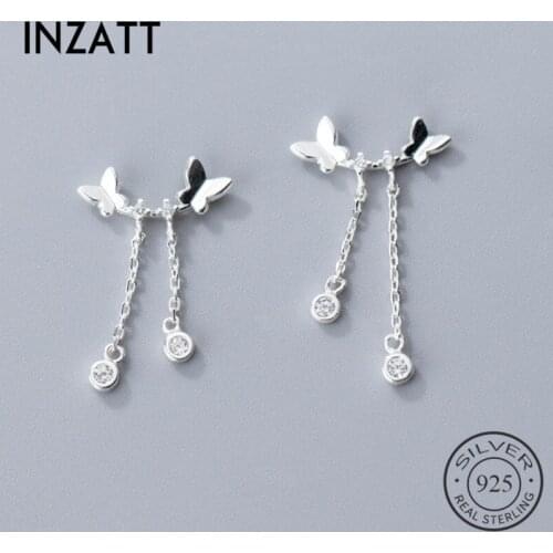 INZATT Minimalist Chain Zircon Round Drop Earrings For Fashion Women Party Real 925 Sterling Silver Fine Jewelry Cute Gift