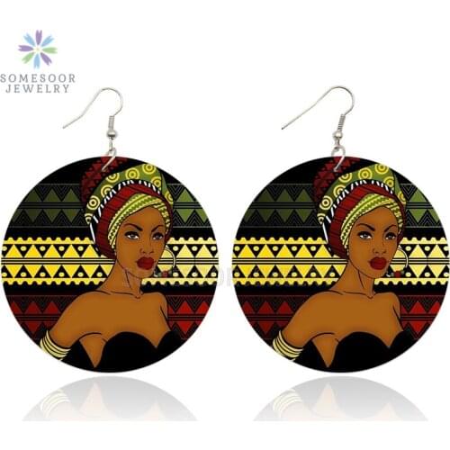 SOMESOOR Double Sides Printing Afro Ethnic Headwrap Woman Wooden Drop Earrings Africa Wood Dangle Jewelry For Black Women Gifts