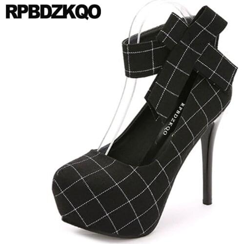 Thin Catwalk Pumps Platform Shoes Women Super Extreme Gray High Heels Fetish Stripper Ankle Strap Bow 14cm 12cm 5 Inch Gingham