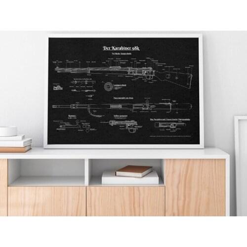 WWII K98 German Rifle Patent Vintage Posters and Prints Blueprint Wall Art Canvas Painting Pictures Decor WWII Memorabilia Gift