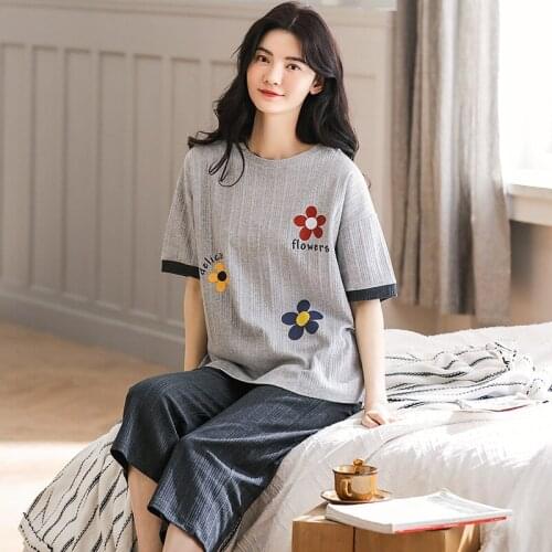 Womens Home Clothes Print Pure Cotton Pajamas Capris Cartoon Japanese Style SpringSummer Sleepwear Loose Sleep Sets Outfits