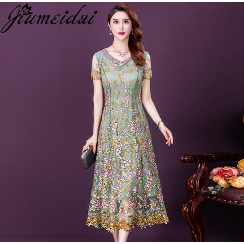 JiuMeiDai 2021 Women Summer Elegant A-Line Dress Office Lady Party Diamonds Sexy Robe Femme Vintage Designer Embroidery Clothing