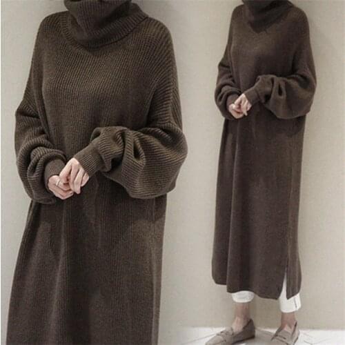 2020 Autumn Winter Knitted Dress Women Oversize Turtleneck Long Sleeve Sweater Dress Casual Solid Loose Dress Femme Vestido b614