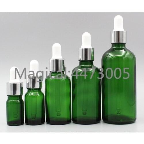 2/10pcs 5ml 10ml 15ml 20ml 30ml 50ml 100ml Empty Transparent Green Glass Dropping Bottle with Silver Aluminum White Rubber Head