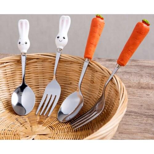 2pcs Cartoon Dinnerware Sets Rabbit Spoon Carrot Fork Stainless Steel Tableware Sets Tea Coffee Teaspoons Kids Children Baby