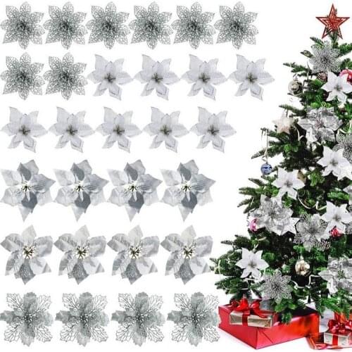 30pcs Silver Artificial Flowers For Christmas Tree Decoration DIY Christmas Ornament Family Wedding Christmas Party Decoration