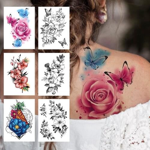 Watercolor Butterfly 3D Rose Temporary Tattoo For Women Girl Henna Flower Tattoo Sticker Fake Plum Peony Back Tatoos Waterproof
