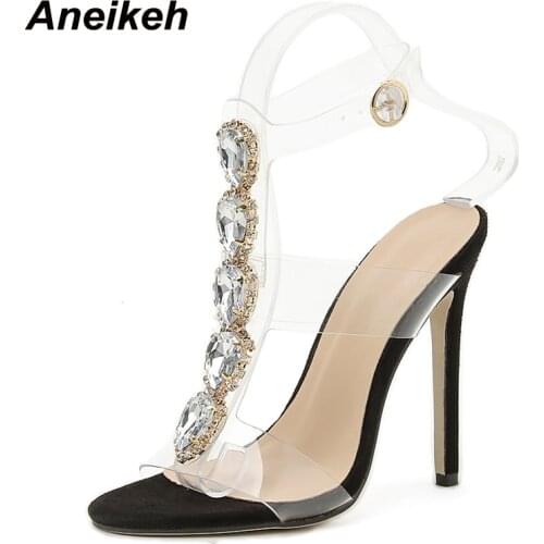 Aneikeh 2021 Sweet Style Rhinestone Decoration Pointed Toe Thin High Heel Women Party Shoe Fashion PVC Ankle Buckle Strap Sandal